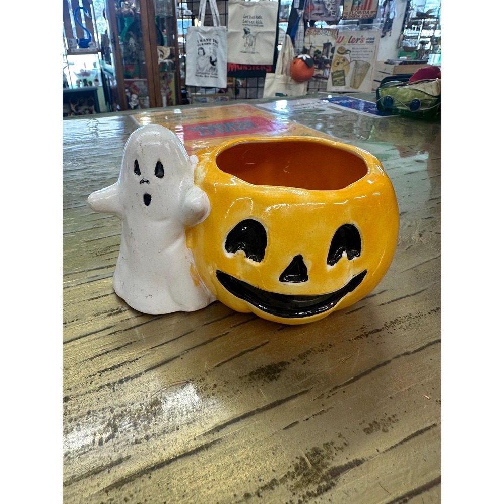 Vintage 1985  Ceramic Ghost with Pumpkin Planter